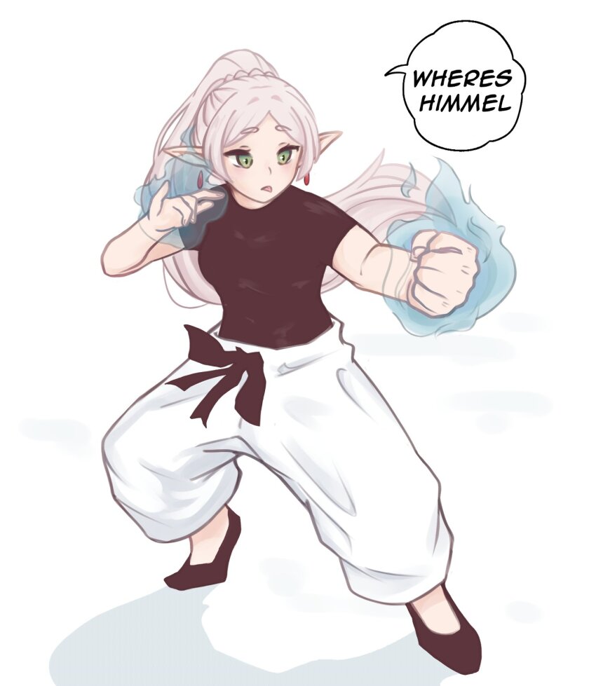 1girl, aura, black_shirt, black_shoes, braid, breasts, chonkyorca, clenched_hand, commentary, earrings, elf, english_text, floating_hair, frieren, full_body, green_eyes, grey_hair, highres, jewelry, long_hair, pants, pointy_ears, ponytail, puffy_pants, shadow, shirt, shoes, short_sleeves, simple_background, small_breasts, solo, sousou_no_frieren, standing, untranslatable_commentary, teardrop_earrings, tongue, tongue_out, very_long_hair, white_background, white_pants