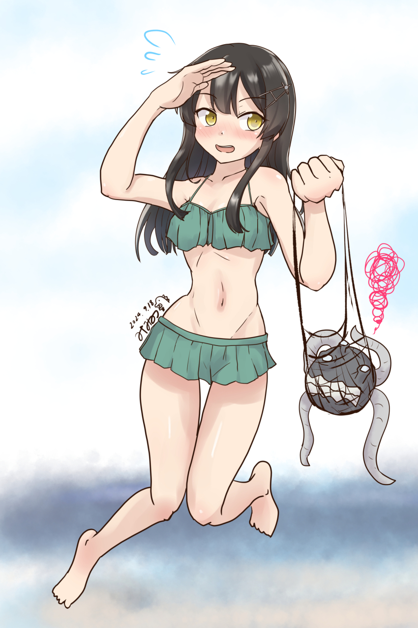 1girl, absurdres, abyssal_ship, barefoot, bikini, bikini_skirt, black_hair, commentary_request
