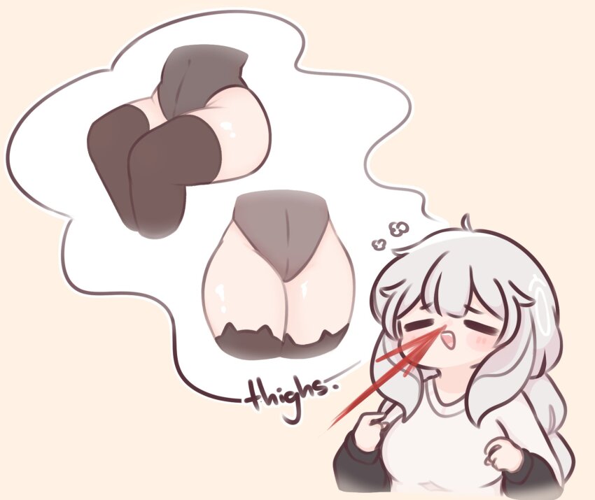 3girls, :d, animal_ear_legwear, black_hair, black_thighhighs, blood, blush_stickers, braid, breasts, brown_background, cat_ear_legwear, cat_ear_thighhighs, cat_thighhighs, chonkyorca, closed_eyes, commentary, english_text, grey_hair, grey_leotard, highres, leotard, long_hair, long_sleeves, medium_breasts, multicolored_hair, multiple_girls, nosebleed, open_mouth, original, puffy_long_sleeves, puffy_sleeves, shirt, simple_background, sleeves_past_wrists, smile, streaked_hair, untranslatable_commentary, thighhighs, white_shirt, yuri