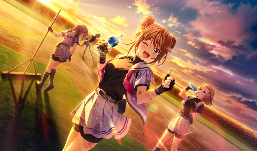 >_<, 4girls, :d, amakusa_kotone, baseball_field, baseball_uniform, beads, belt