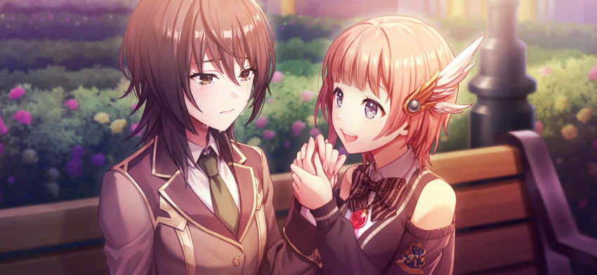 2girls, :d, absurdres, atelier_(series), atelier_resleriana, atelier_rorona, bare_shoulders, bench, blazer, blurry, blurry_background, bow, brown_eyes, brown_hair, bush, collared_shirt, crying, crying_with_eyes_open, eren_k._st._burg, feather_hair_ornament, feathers, flower, green_necktie, hair_ornament, hand_up, highres, holding_hands, jacket, jewelry, long_sleeves, looking_at_another, multiple_girls, necklace, necktie, night, non-web_source, official_alternate_costume, official_art, on_bench, open_mouth, outdoors, park_bench, rorolina_frixell, rorolina_frixell_(joyful_leader), school_uniform, self-datamine, shirt, short_hair, smile, streaming_tears, tears, upper_body, white_shirt