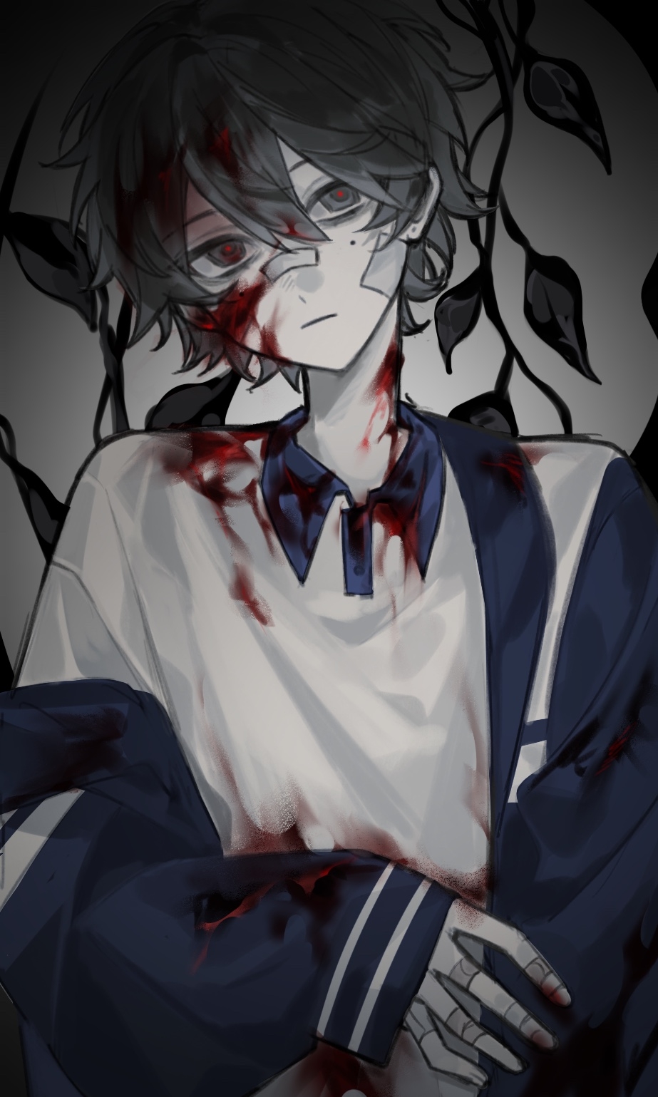 1boy, aosadekuermanpifa, bandaid, bandaid_on_face, bandaid_on_hand, bandaid_on_nose, black_eyes, black_hair