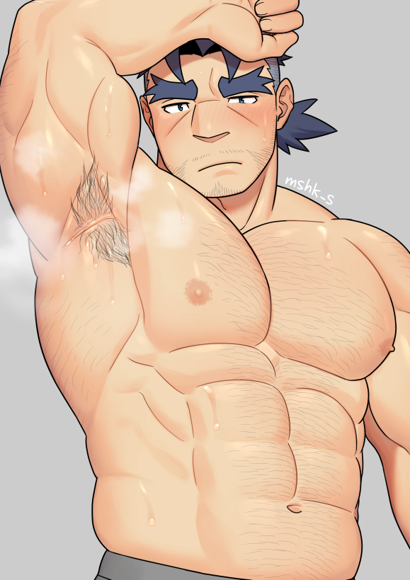 1boy, abs, arm_up, armpit_hair, armpits, artist_name, bara, beard_stubble
