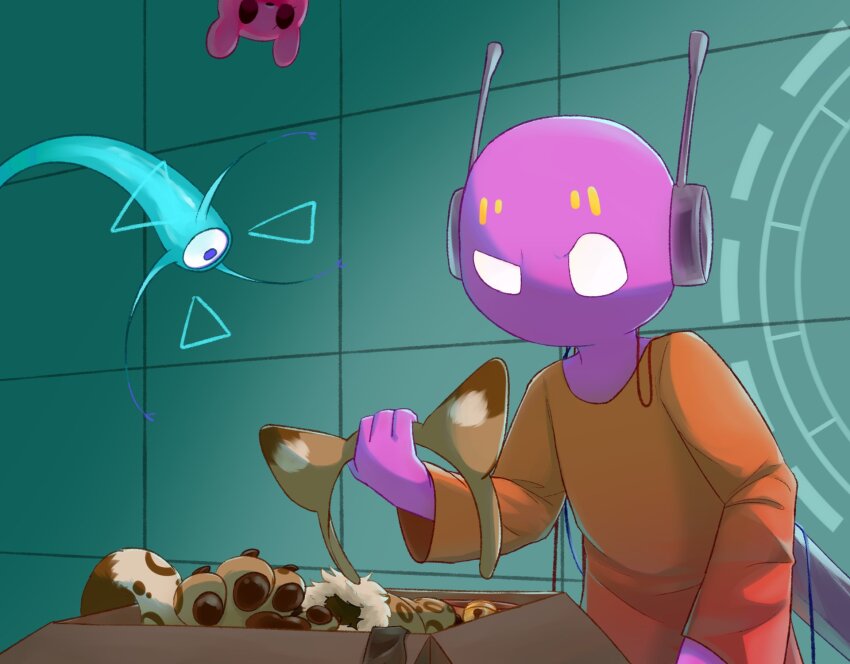 1boy, animal_ears, antennae, blue_background, box, cable, cat_ears, cat_paws