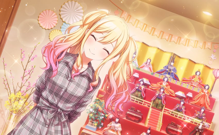 1girl, ^_^, arms_behind_back, blonde_hair, blush, bonbori_(lighting), breasts, bubble_filter