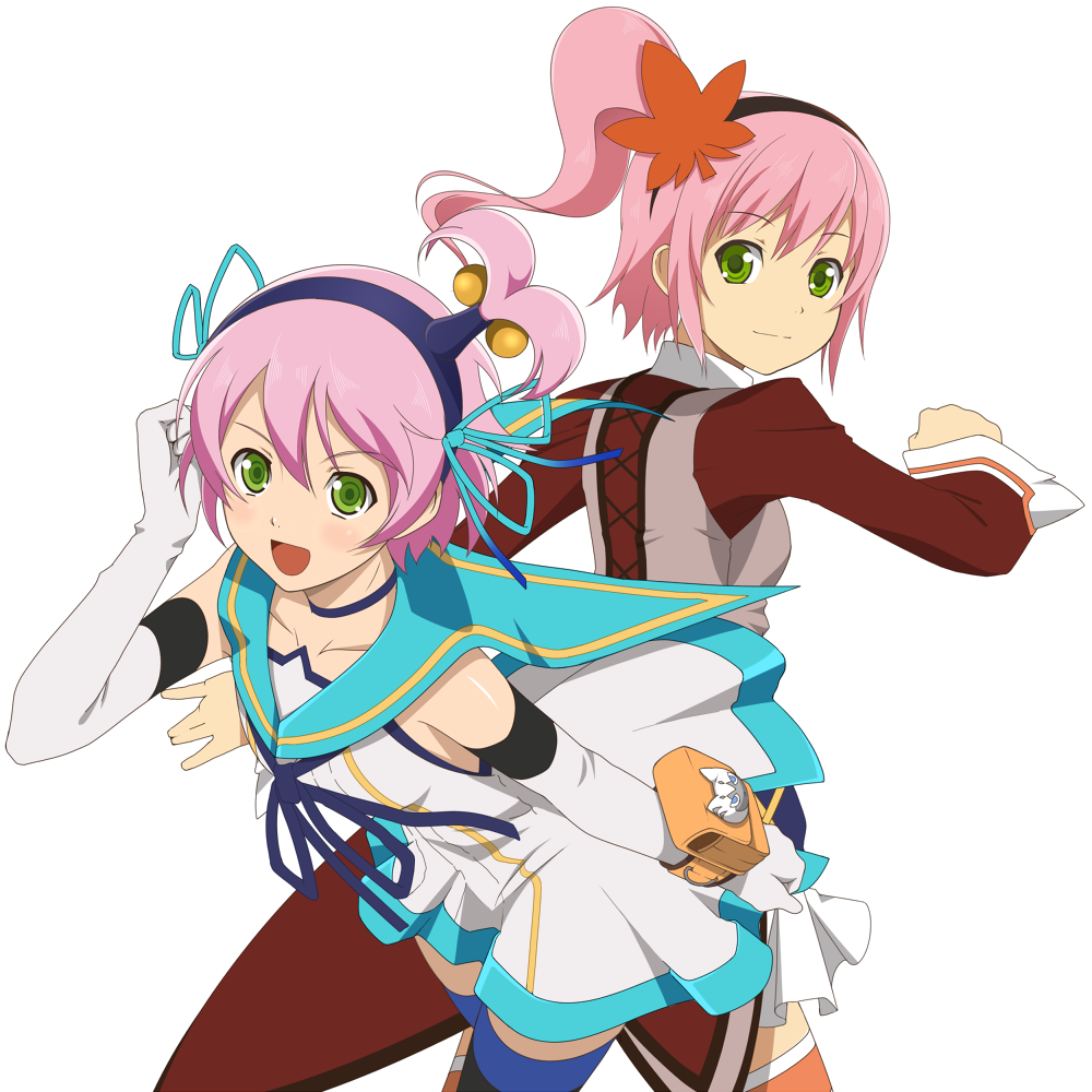 2girls, alfa_system, black_neckwear, blue_sailor_collar, green_eyes, hair_ornament, hair_ribbon, kanonno_earhart