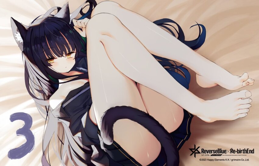 1girl, animal_ear_fluff, animal_ears, barefoot, black_hair, black_skirt, cat_ears, cat_girl