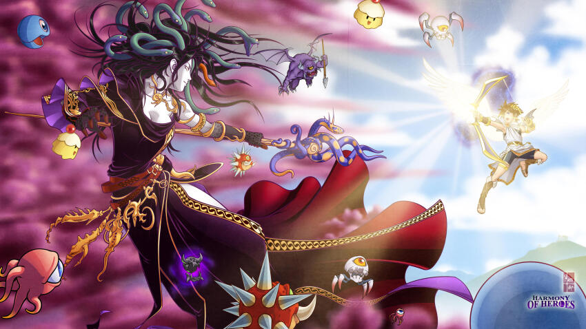 1girl, absurdres, aiming, angel, angel_wings, battle, bike_shorts, black_hair, bow_(weapon), breasts, character_request, check_character, cleavage, demon_horns, demon_wings, eduardo_j._perez_m., highres, holding, holding_bow_(weapon), holding_staff, holding_weapon, horns, kid_icarus, kid_icarus_uprising, looking_at_another, medusa_(kid_icarus), monoeye_(kid_icarus), nintendo, one-eyed, orne_(kid_icarus), outdoors, pale_skin, pit_(kid_icarus), sky, snake_hair, souflee, spikes, staff, weapon, wings