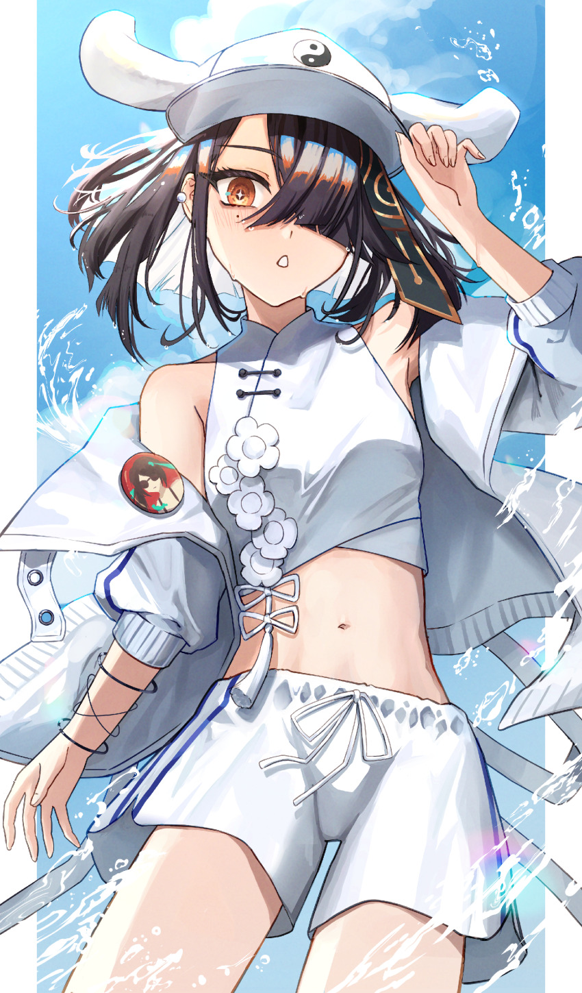 1girl, absurdres, bare_shoulders, black_hair, blush, character_print, commentary_request, fate/grand_order, fate_(series), hat, highres, jacket, looking_at_viewer, midriff, mole, mole_under_eye, navel, off_shoulder, official_alternate_costume, one_eye_covered, open_clothes, open_jacket, solo, stomach, teimei_natsu, wet, white_hat, white_jacket, xu_fu_(fate), xu_fu_(swimsuit_avenger)_(fate), xu_fu_(swimsuit_avenger)_(third_ascension)_(fate), yu_mei-ren_(fate), yu_mei-ren_(swimsuit_lancer)_(fate)
