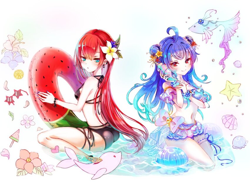 ahoge, ari_(aland353), bikini, bikini_skirt, black_bikini, blue_hair, bow, clam_shell