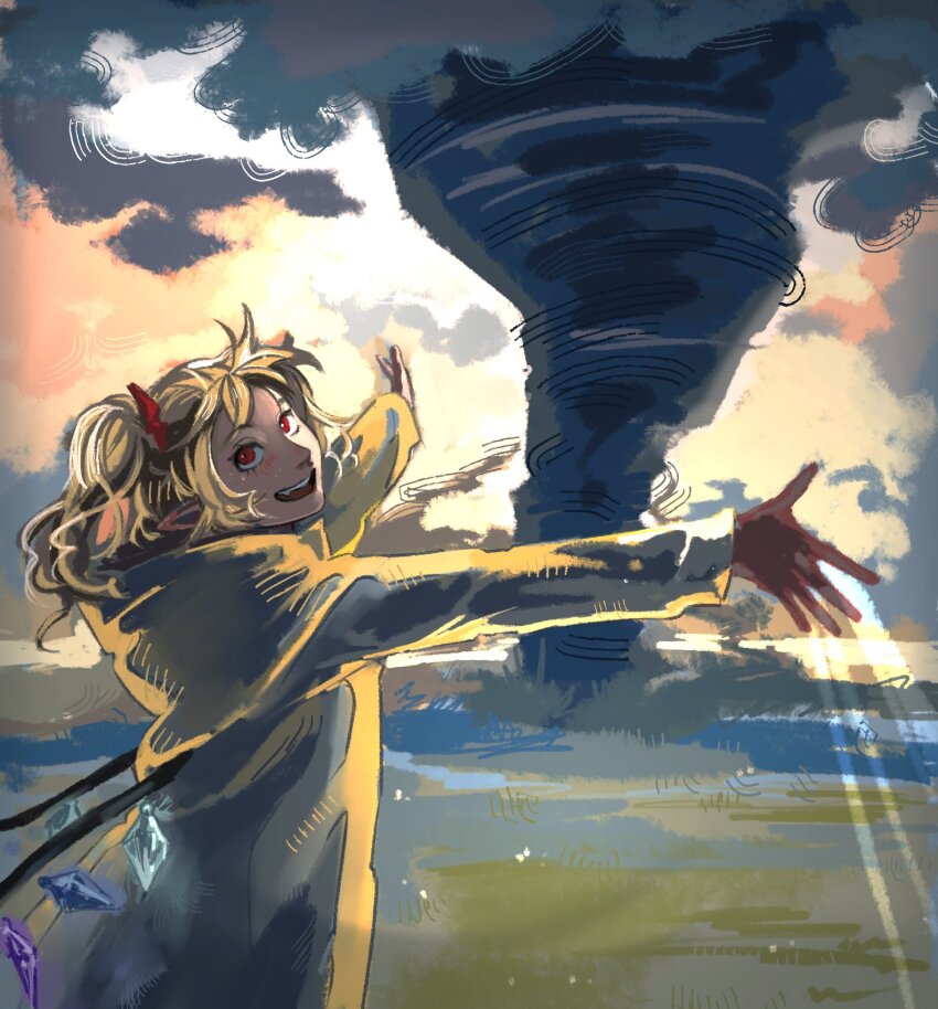 1girl, alternate_costume, arms_up, blonde_hair, cloud, cloudy_sky, crystal, crystal_wings