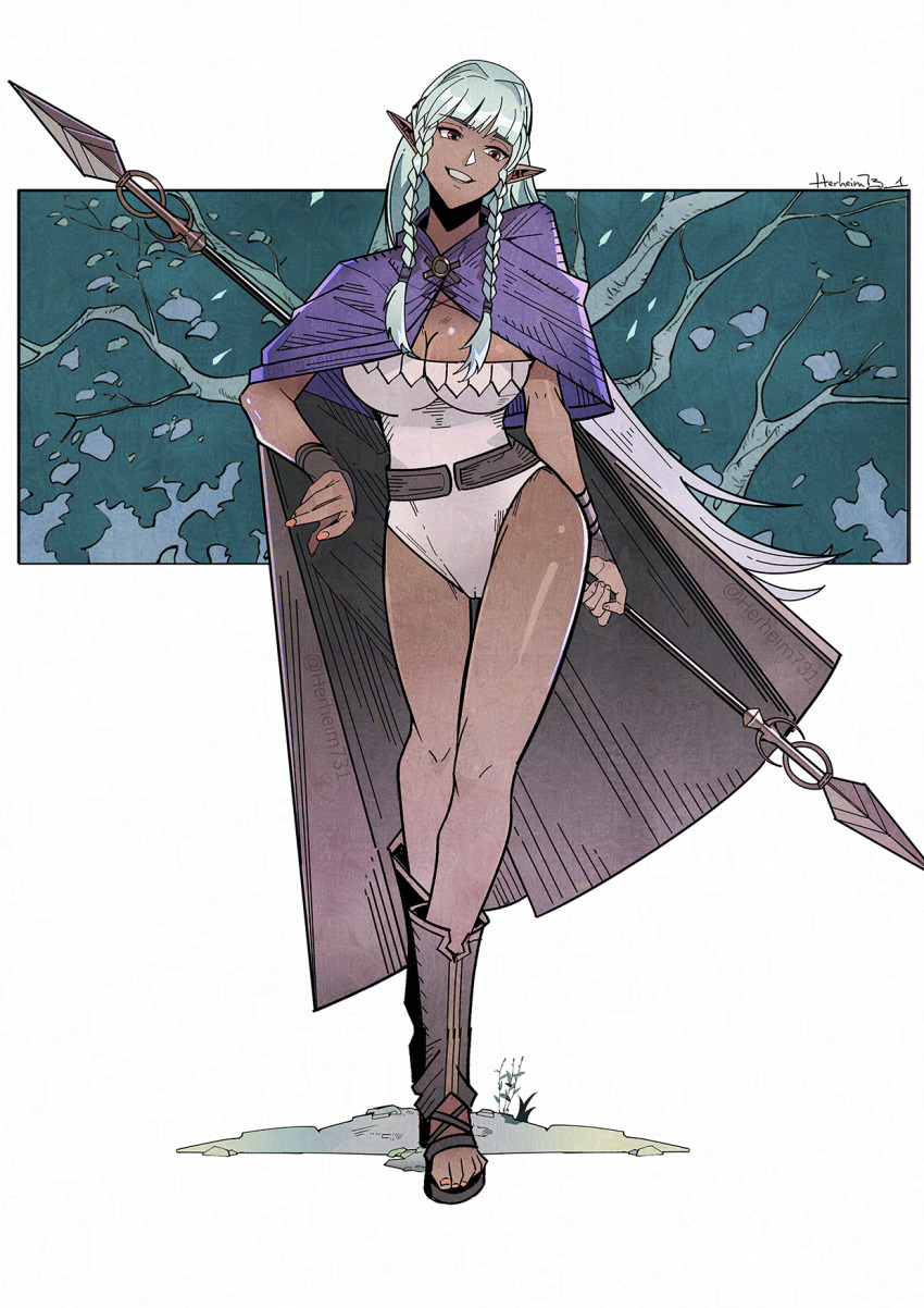 1girl, aqua_hair, boots, braid, breasts, brown_boots, brown_cape, cape