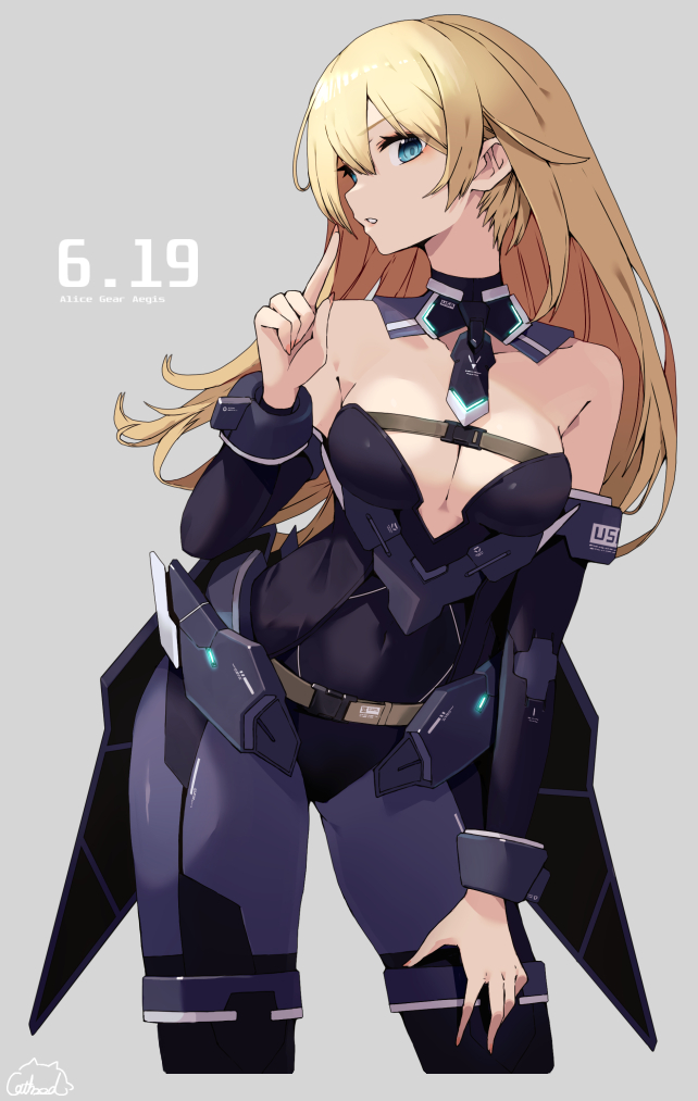 1girl, alice_gear_aegis, bare_shoulders, black_leotard, blonde_hair, blue_eyes, commentary, copyright_name