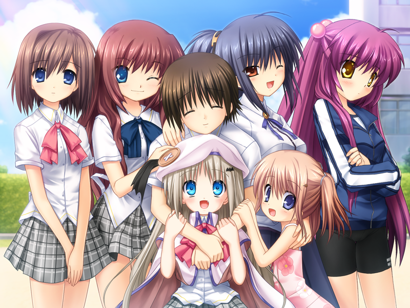 1boy, 6+girls, :d, a-chan_(little_busters!), ahoge, aqua_eyes, arizuki_shiina, arizuki_ui