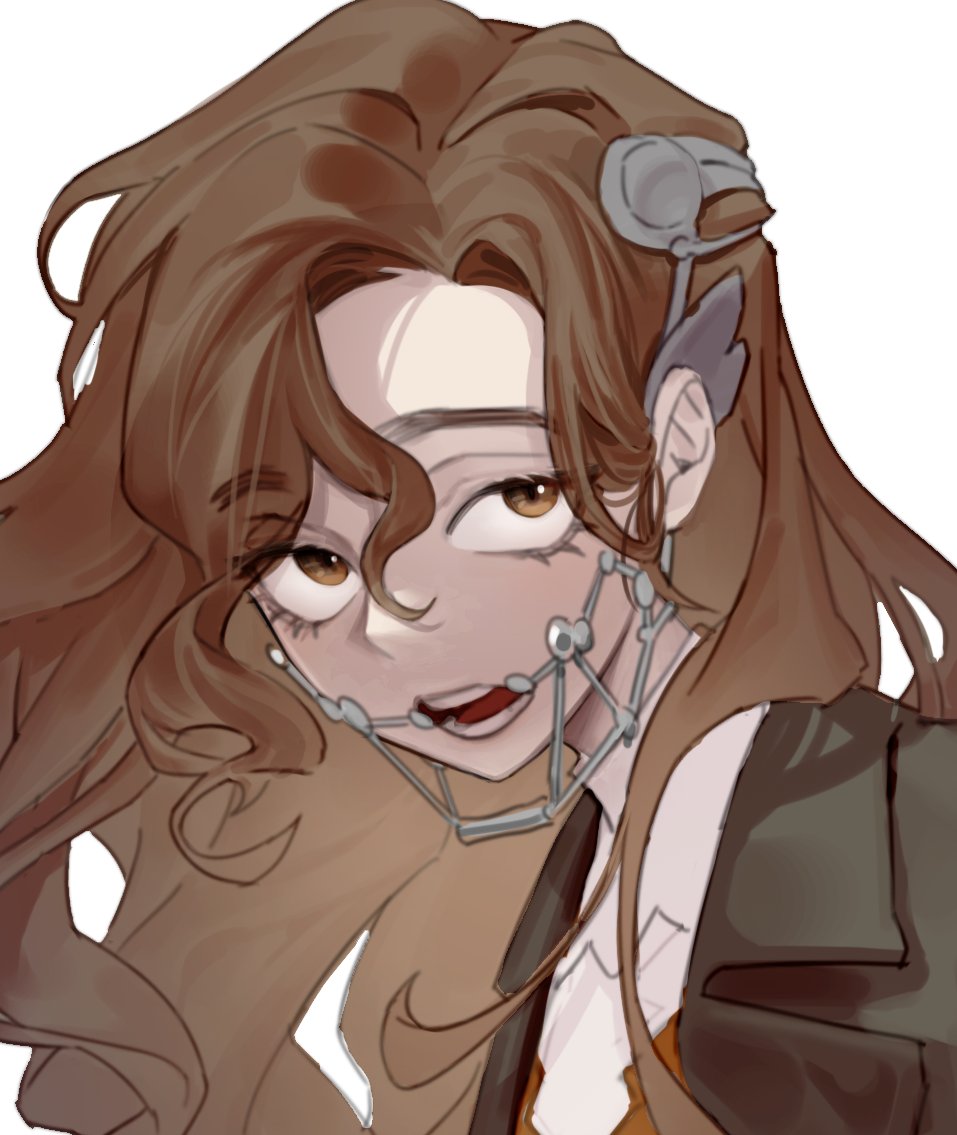 1girl, braces, brown_eyes, brown_hair, coat, grey_coat, long_hair, looking_at_viewer