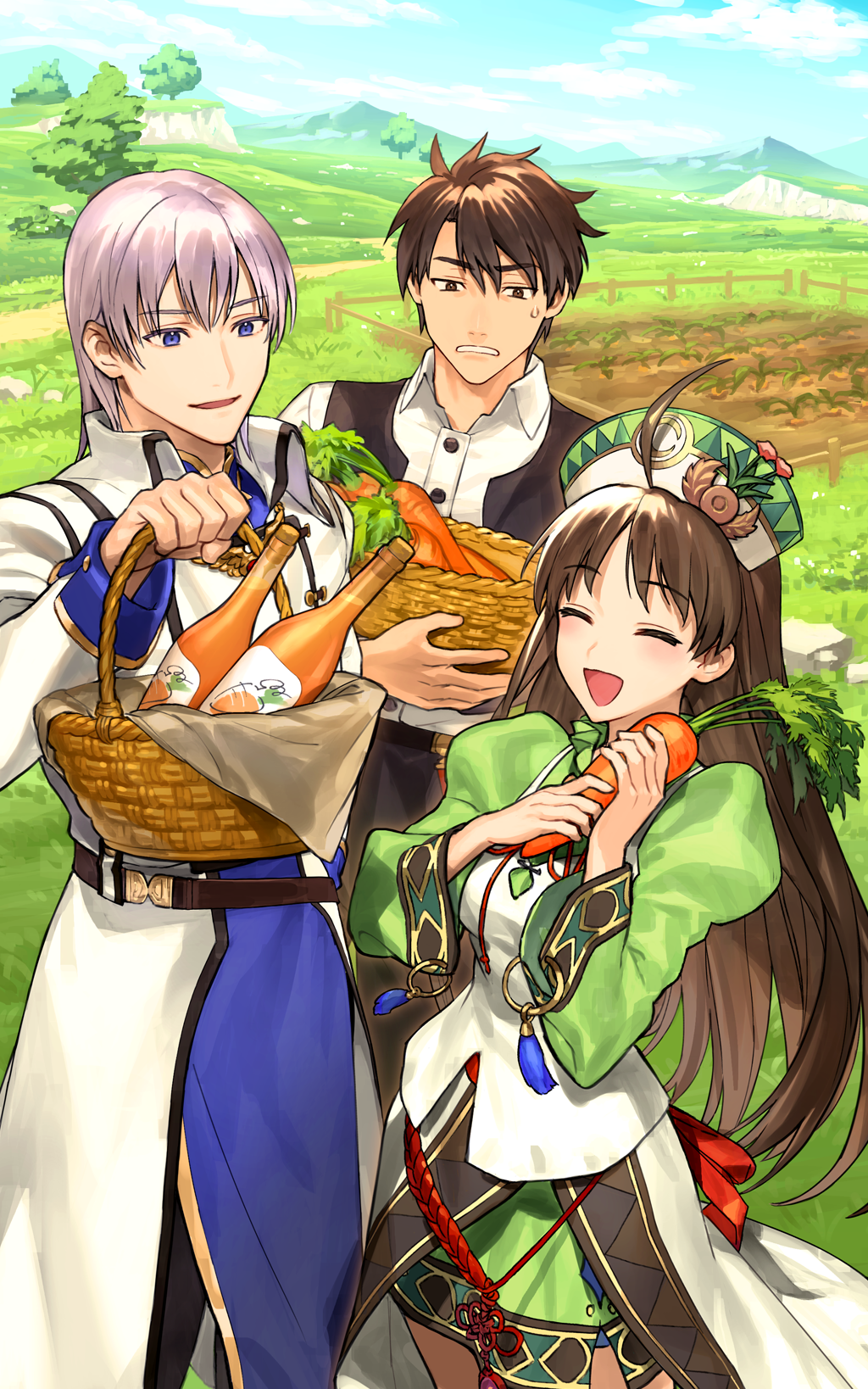 1girl, 2boys, :d, ^_^, ahoge, atelier_(series), atelier_resleriana, atelier_viorate