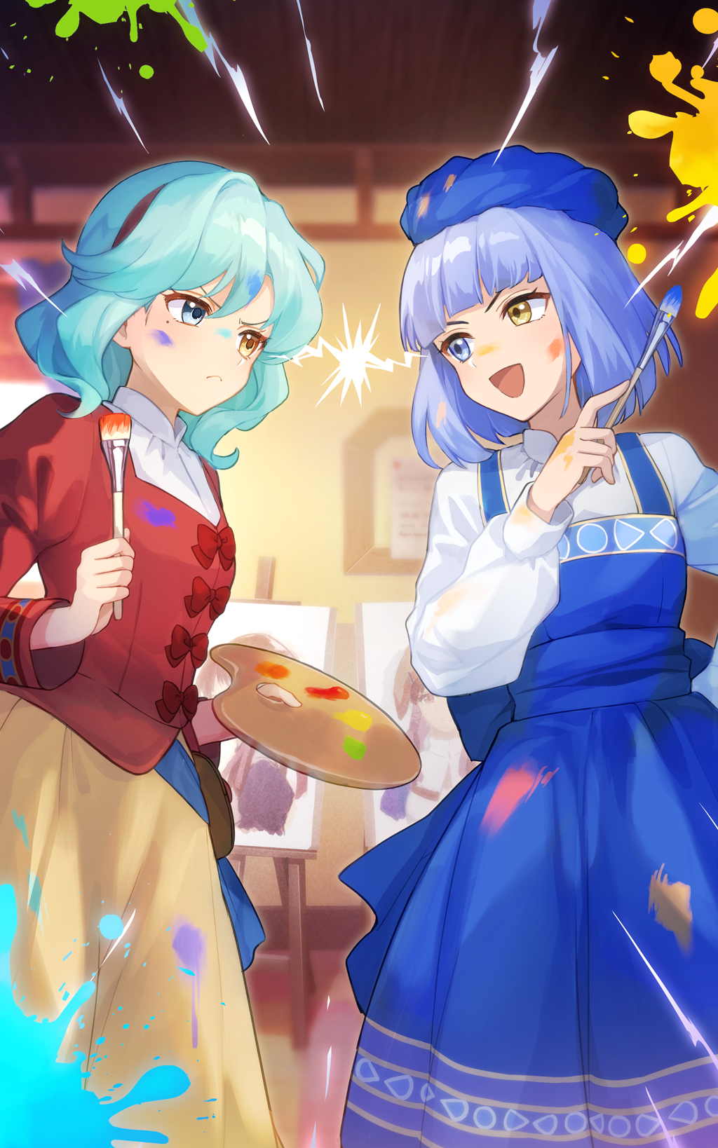 2girls, :d, angry, art_brush, atelier_(series), atelier_lilie, atelier_resleriana, blue_dress