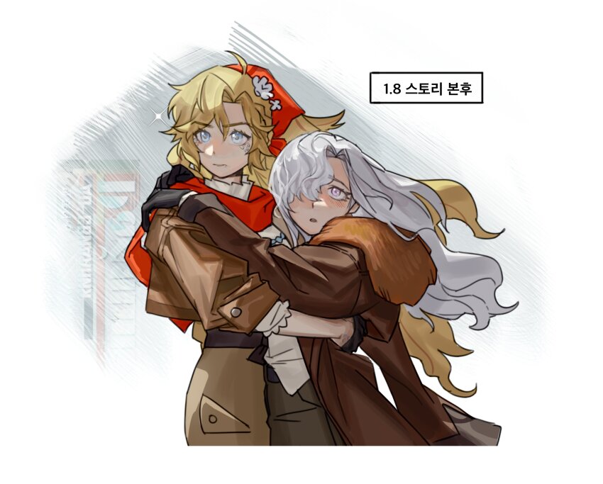 2girls, :o, arms_around_neck, arms_around_another's_waist, black_gloves, black_pants, blonde_hair, blue_eyes