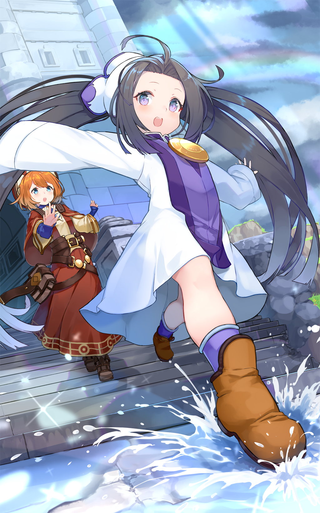 2girls, atelier_(series), atelier_iris, atelier_iris_eternal_mana_2, atelier_resleriana, bag, black_hair, blue_eyes