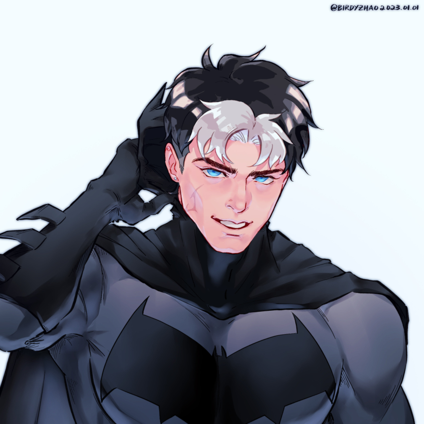 1boy, batman, batman_(series), batman_symbol, birdyzhao_re, black_cape, black_gloves, black_hair