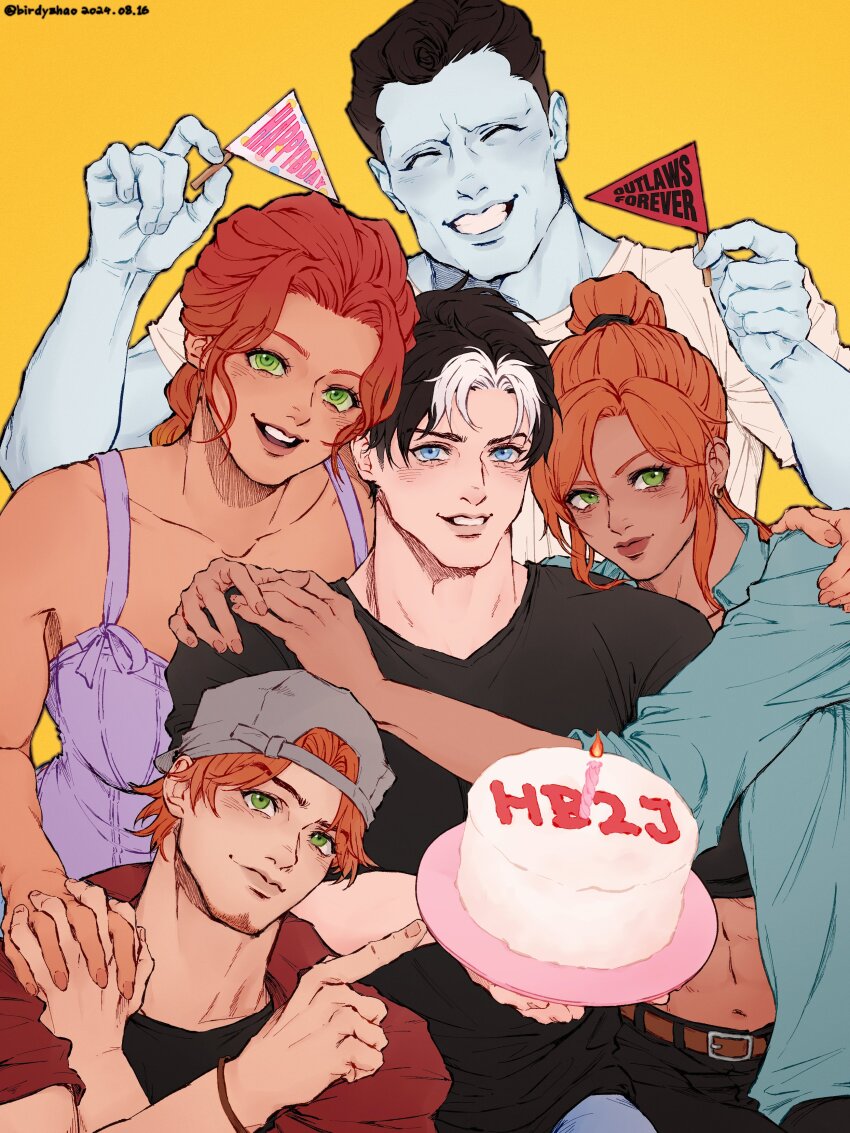 absurdres, artemis_of_bana-mighdall, backwards_hat, batman_(series), birdyzhao_re, birthday_cake, bizarro_(superman), black_hair, blue_eyes, cake, colored_skin, couple, dc_comics, food, green_eyes, hat, highres, holding, jason_todd, long_hair, multicolored_hair, multiple_boys, muscular, muscular_male, open_mouth, red_hair, red_hood_and_the_outlaws, roy_harper, shirt, short_hair, simple_background, smile, starfire, superman_(series), teeth, two-tone_hair, white_hair