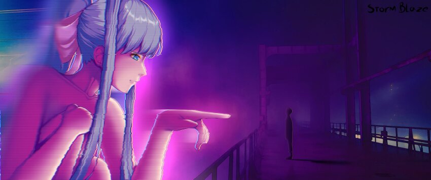 1boy, 1girl, blade_runner_(series), blade_runner_2049, doki_doki_literature_club, highres, mc_(doki_doki_literature_club), meme, monika_(doki_doki_literature_club), naked_girl, night, night_city, nude, sky, storm_blaze, you_look_lonely_(meme)