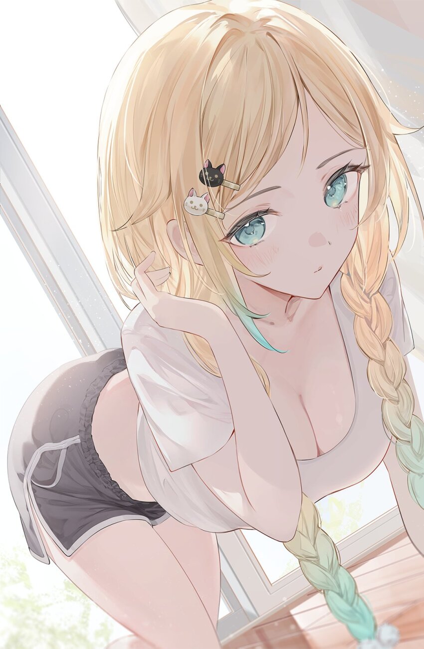 1girl, aizawa_ema, aizawa_ema_(4th_costume), all_fours, alternate_eye_color, black_shorts, blonde_hair, bloom