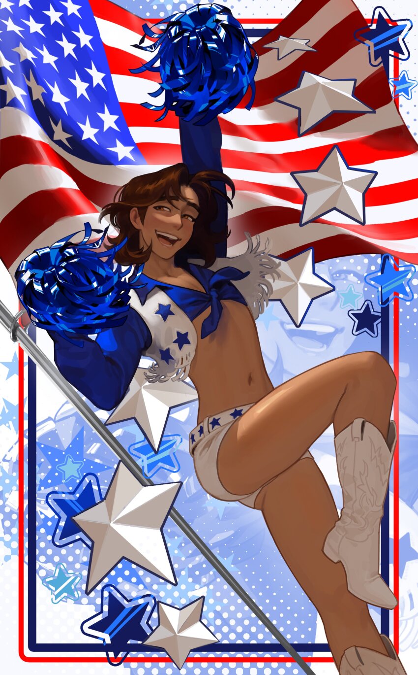 1boy, absurdres, american_flag, blue_shirt, boots, brown_hair, cheerleader, collared_shirt, cropped_jacket, cropped_shirt, dallas_cowboys_cheerleader, dark-skinned_male, dark_skin, highres, jacket, lacryboy, leg_up, medium_hair, navel, open_clothes, open_jacket, open_mouth, original, pom_pom_(cheerleading), shirt, short_shorts, shorts, solo, star_(symbol), teeth, tied_shirt, trap, white_boots, white_jacket, white_shorts