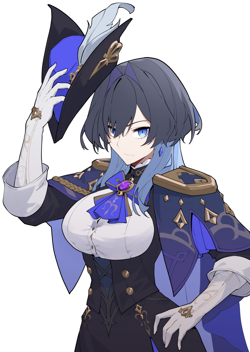 1girl, absurdres, adjusting_clothes, adjusting_headwear, ascot, black_corset, black_hair, blue_eyes