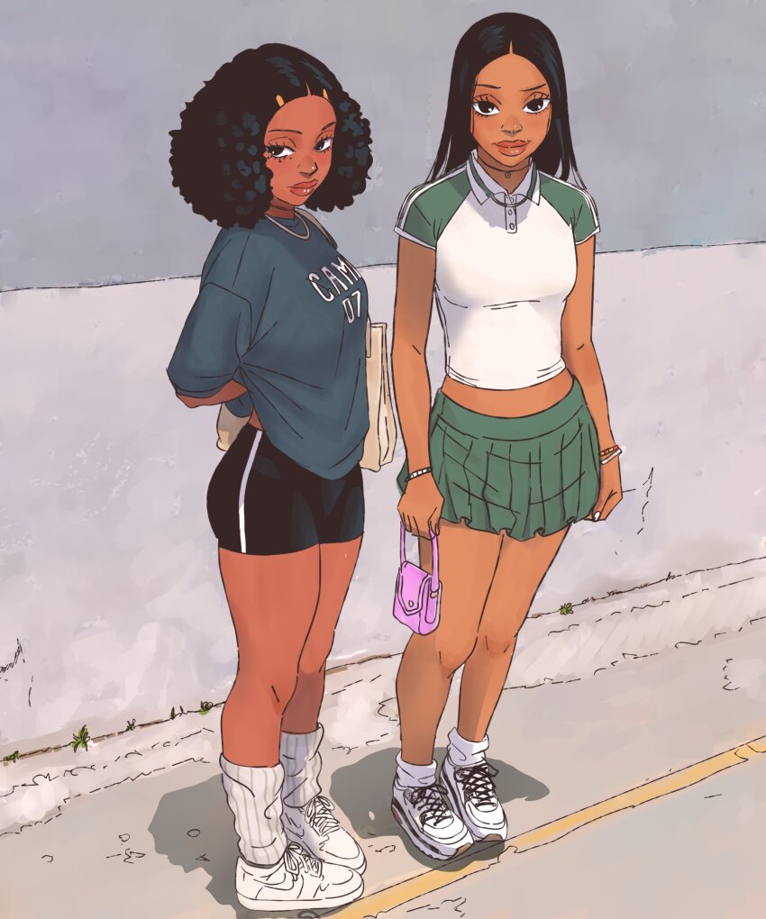 2girls, absurdres, afro, bike_shorts, black_eyes, black_hair, black_shorts, blue_shirt