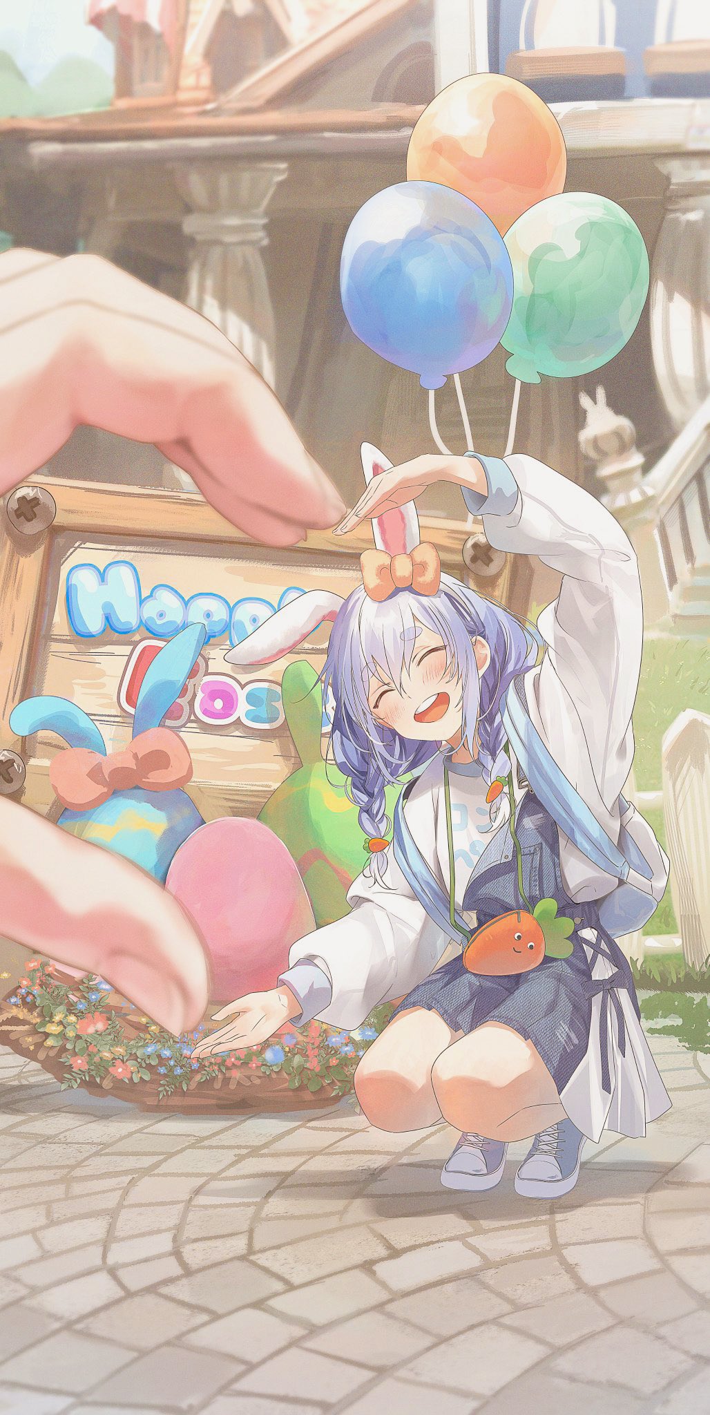 1girl, 1other, alternate_costume, animal_ears, backpack, bag, balloon, basket