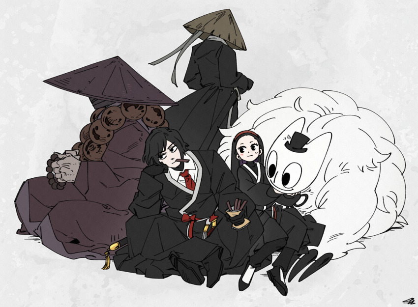 1girl, 3boys, aeng-du_(project_moon), bag, bamboo-hatted_kim, black_coat, black_eyes, black_gloves, black_hair, black_leggings, clouded_monk, coat, force_(4sk_force), gloves, hairband, hat, holding, holding_bag, holding_sword, holding_weapon, jangsan_tiger, leggings, library_of_ruina, lobotomy_corporation, long_hair, multiple_boys, project_moon, red_hairband, rice_hat, simple_background, sword, unnamed_blade_lineage_member, very_long_hair, weapon, white_background