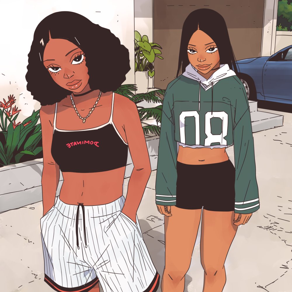 2girls, afro, bike_shorts, black_shirt, black_shorts, blue_car, cami_(jesus_aponza), car