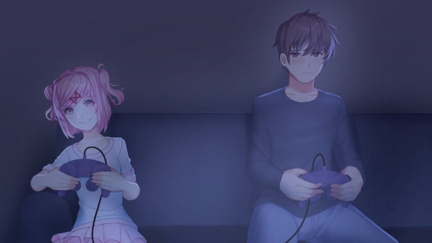 1boy, 1girl, black_shirt, brown_hair, console-tan, console_girl, console_tan, couch