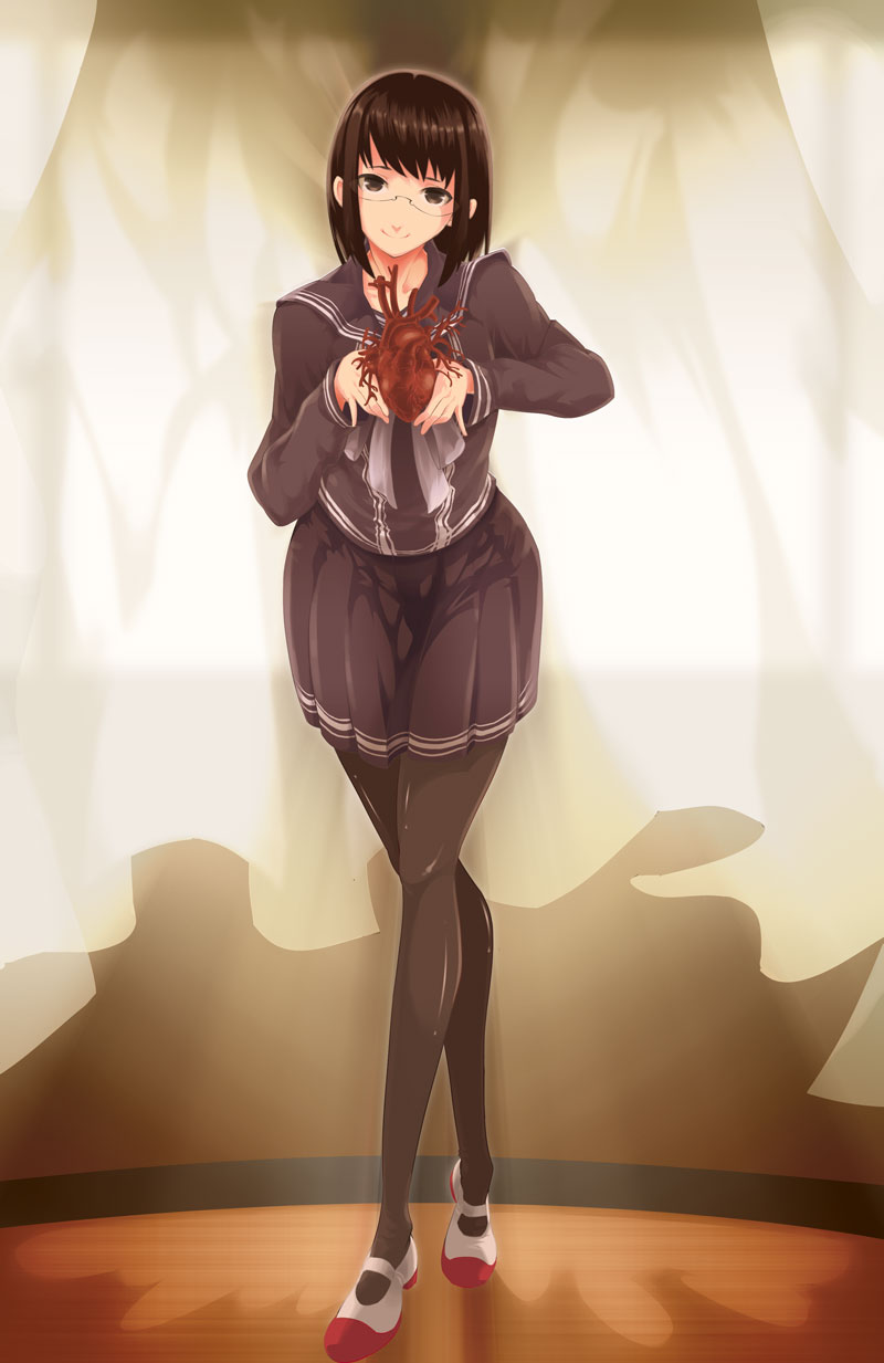 1girl, bad_id, bad_pixiv_id, black_pantyhose, brown_eyes, brown_hair, candy, chocolate, chocolate_heart, female_focus, food, glasses, heart, heart_(organ), highres, indoors, original, pantyhose, rokuno, school_uniform, serafuku, shoes, skirt, smile, solo, uwabaki