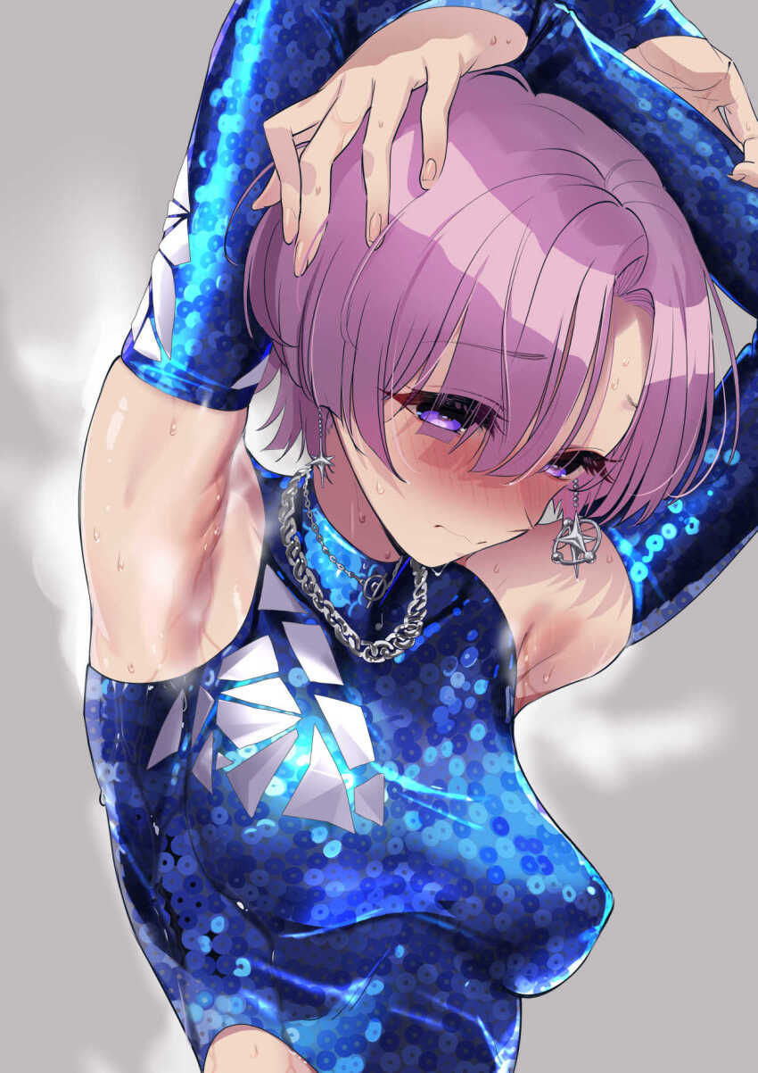 1girl, andou_shuki, arimura_mao, armpits, arms_up, blue_leotard, blue_shirt, blush, breasts, chain, chain_necklace, commentary_request, detached_sleeves, earrings, feel_jewel_dream_(idolmaster), fingernails, gakuen_idolmaster, grey_background, highres, hug, idolmaster, jewelry, leotard, looking_down, medium_breasts, necklace, nose_blush, pink_hair, purple_eyes, shirt, short_hair, simple_background, skindentation, solo, steaming_body, sweat, upper_body