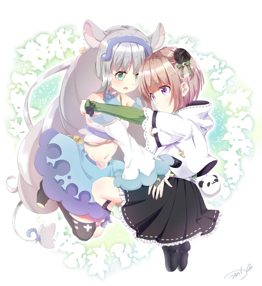 2girls, animal_ears, black_footwear, black_skirt, blonde_hair, closed_mouth, ear_piercing, green_eyes