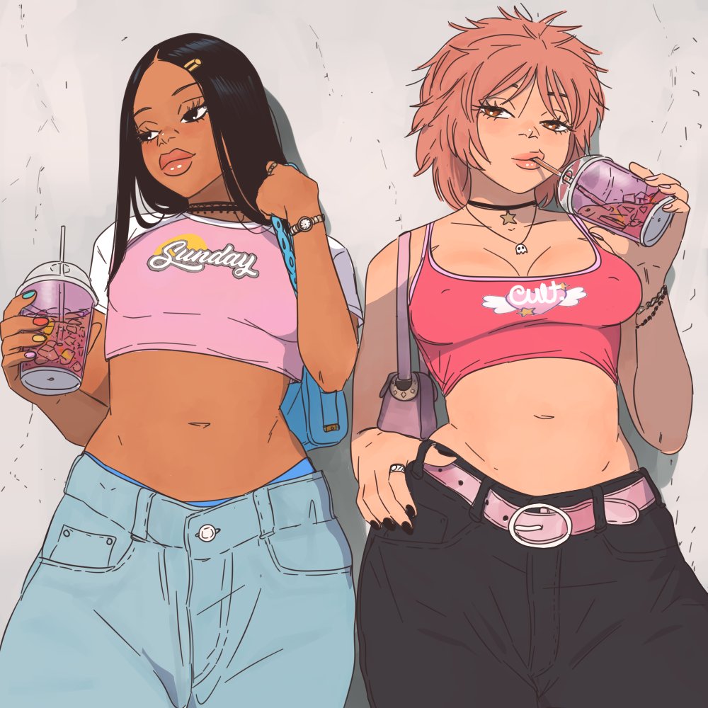 2girls, bag, belt, black_choker, black_hair, black_nails, black_pants, blue_bag