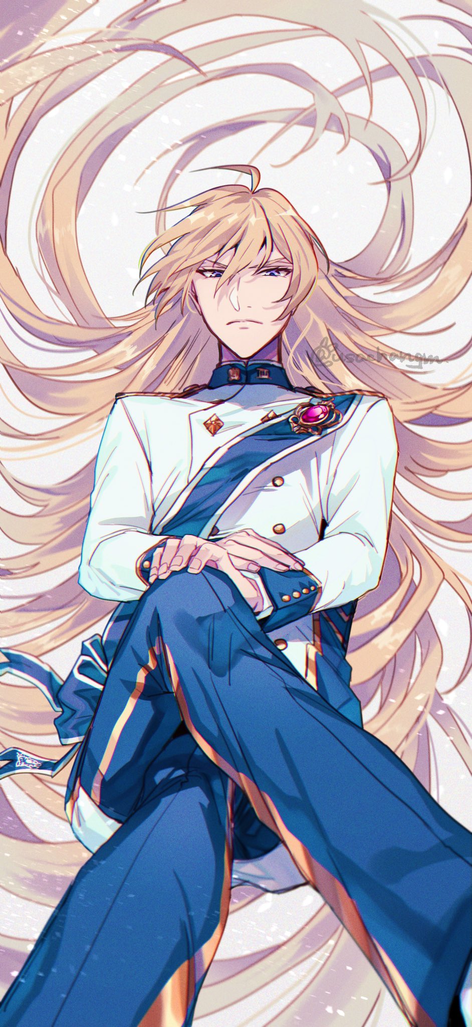 1boy, alternate_costume, blonde_hair, blue_eyes, blue_pants, blue_sash, brooch, buttons