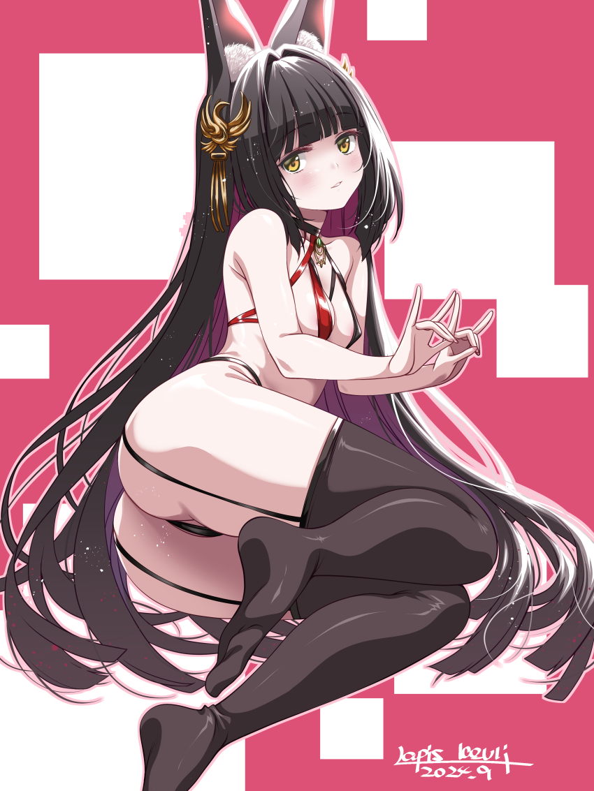 1girl, absurdres, animal_ears, ass, azur_lane, black_hair, black_panties, blush