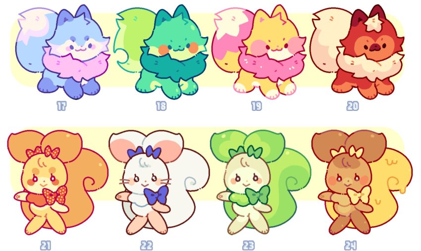 animal_focus, border, bow, chibi, chibi_only, commentary, creature, creature_focus, english_commentary, fluffy, full_body, highres, jaltoid, neopet_(creature), neopets, no_humans, standing, tail, usul, variations, white_border, wocky_(neopets)