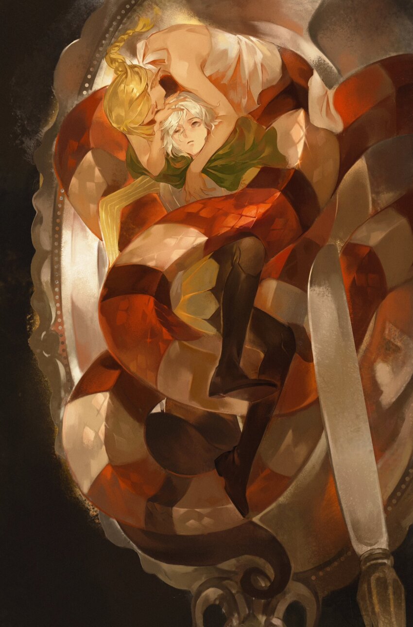 1boy, 1girl, bags_under_eyes, bare_shoulders, black_eyes, blonde_hair, boots, braid