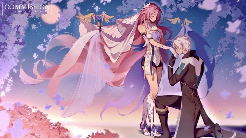 1boy, 1girl, black_coat, black_footwear, black_pants, boots, cherry_blossoms, closed_eyes