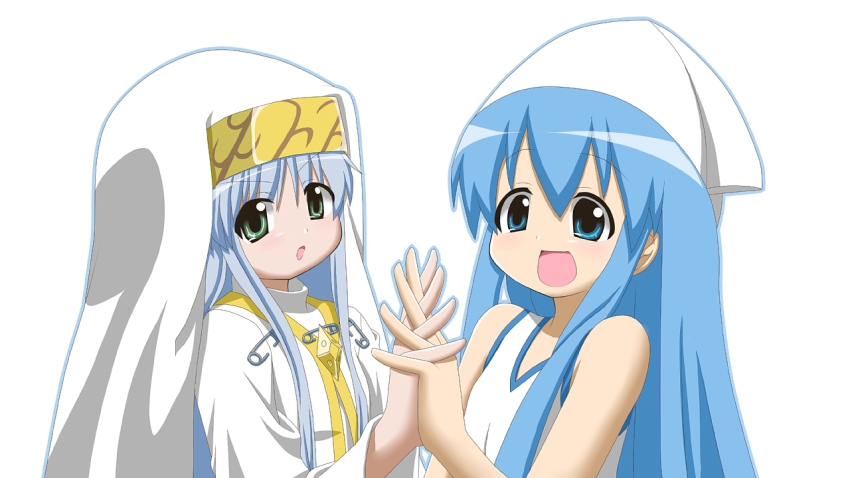 bad_id, bad_pixiv_id, blue_eyes, blue_hair, crossover, dress, green_eyes, habit, hat, ikamusume, index_(toaru_majutsu_no_index), long_hair, natsukawa_hikari, nun, nun_headdress, robe, safety_pin, shinryaku!_ikamusume, tentacle_hair, toaru_majutsu_no_index