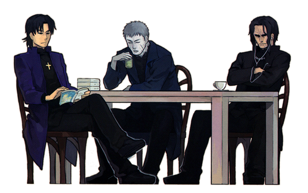 00s, 3boys, araya_souren, book, chair, crossover, cup, earphones