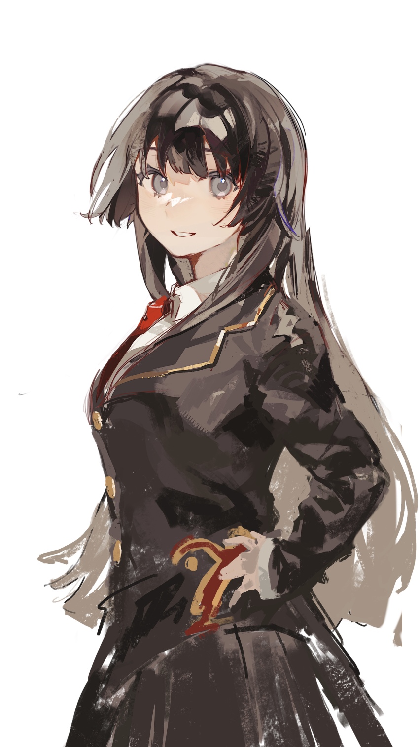 1girl, absurdres, blunt_bangs, brown_hair, brown_jacket, brown_skirt, collared_shirt, commentary