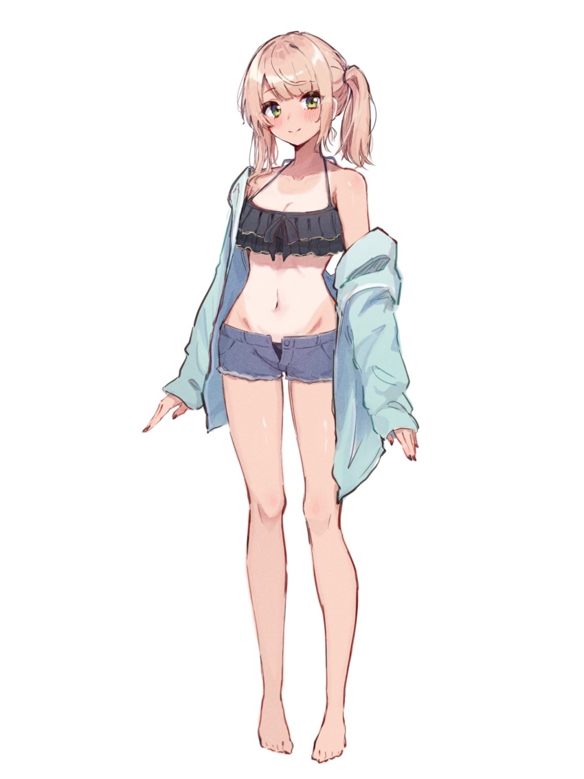 1girl, breasts, cleavage, full_body, green_eyes, highres, hitanu, indie_virtual_youtuber