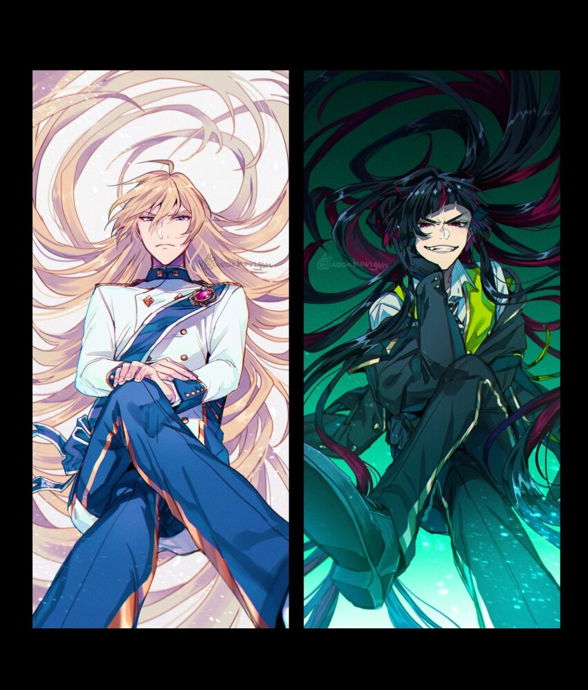 2boys, alternate_costume, black_border, black_footwear, black_gloves, black_hair, black_jacket, black_necktie