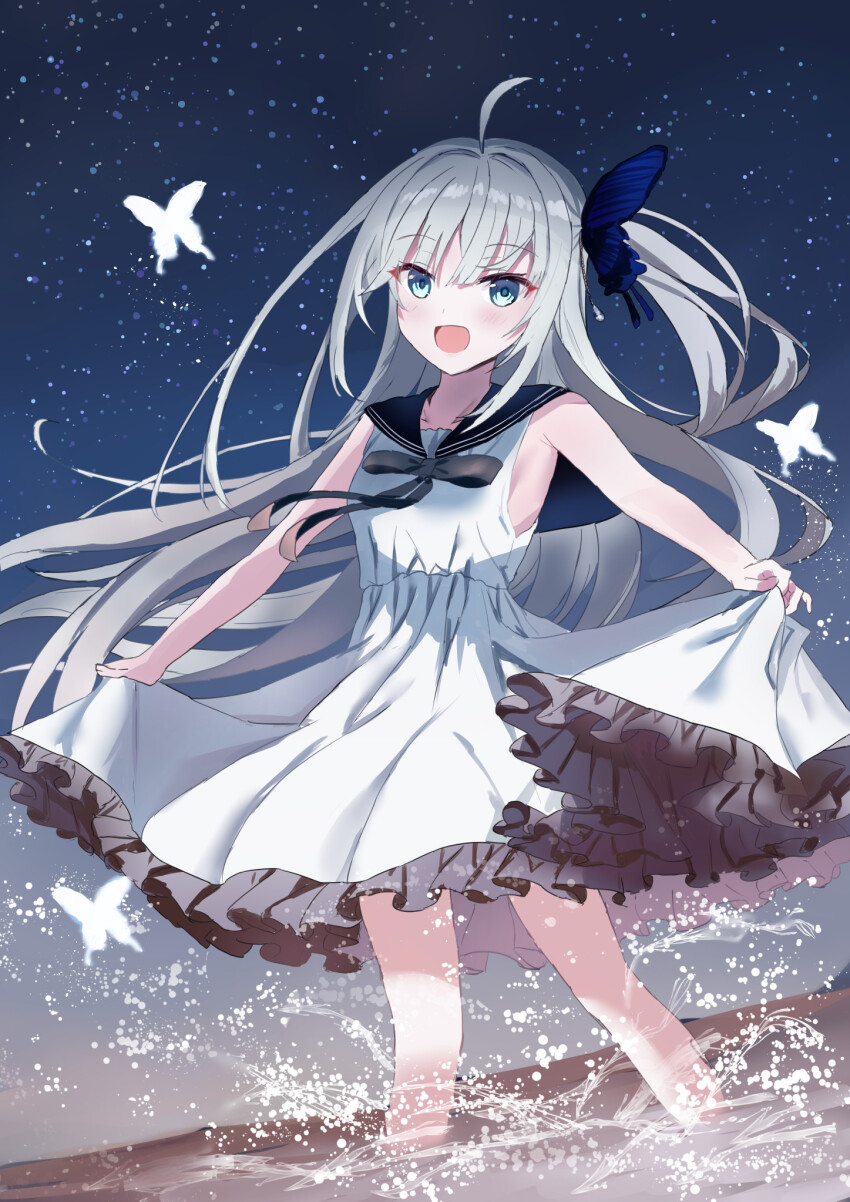 1girl, :d, a-pose, ahoge, aqua_eyes, bare_arms, black_ribbon, black_sailor_collar