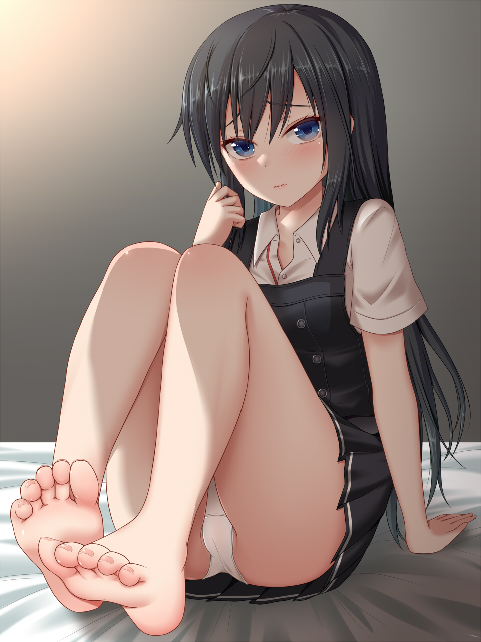 1girl, asashio_(kancolle), ass, bare_legs, barefoot, bed_sheet, black_dress, black_hair, blue_eyes, blush, closed_mouth, collared_shirt, commentary_request, dress, dress_shirt, feet, full_body, hair_between_eyes, hanazome_dotera, highres, kantai_collection, knees_up, long_hair, looking_at_viewer, panties, partially_unbuttoned, pinafore_dress, pleated_dress, shirt, sitting, sleeveless, sleeveless_dress, soles, solo, toes, underwear, very_long_hair, wavy_mouth, white_panties, white_shirt
